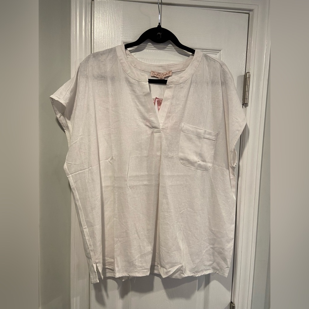 NWT Coastal Comfort Size XXL White Linen Blend Split Neck Short Sleeve Top